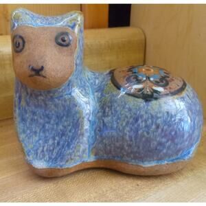 Mexican Tonala Glazed Cat Folk Art Pottery Decor Sitting Blue Cat Figurine
